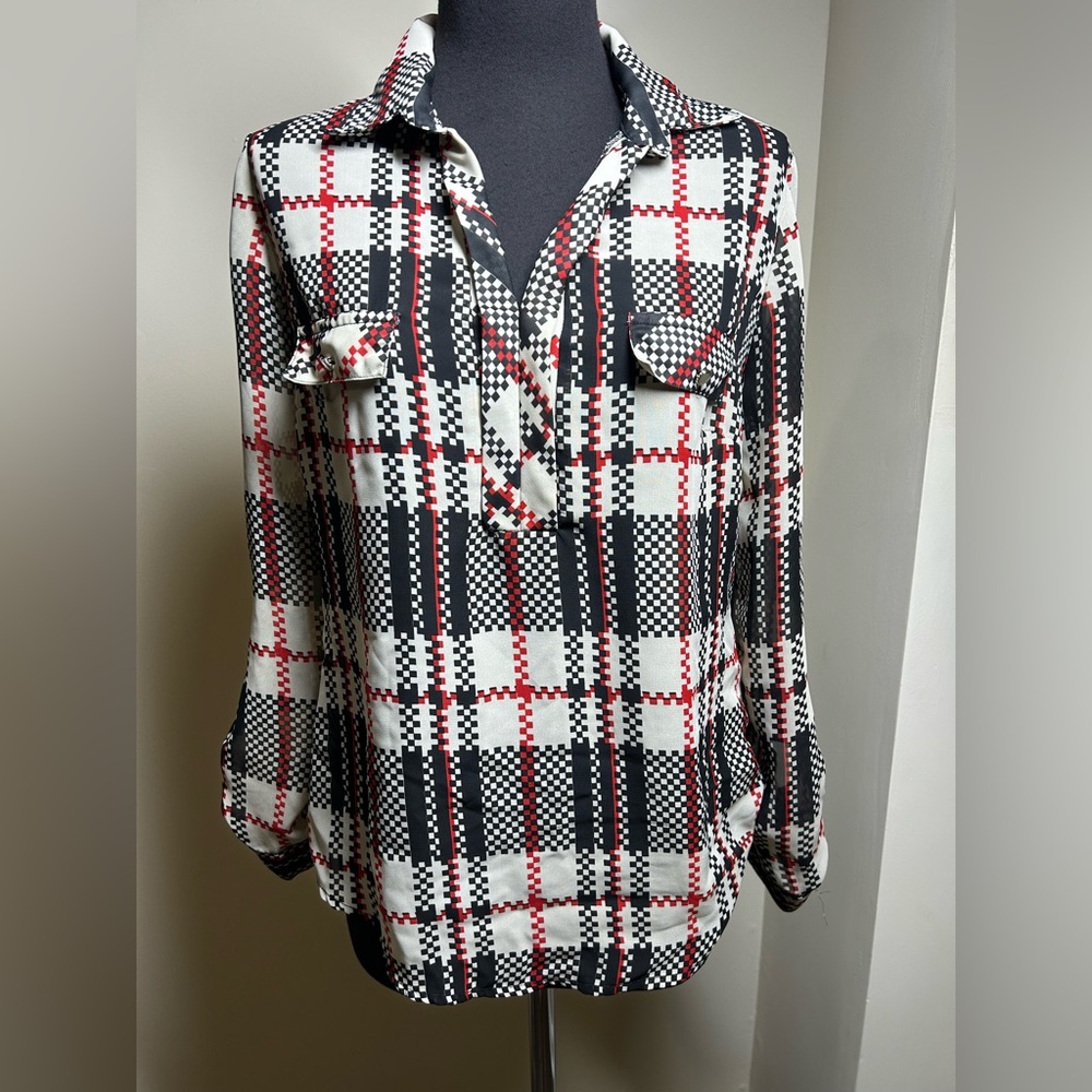 Unique Spectrum Plaid Blouse - Black, White, Red